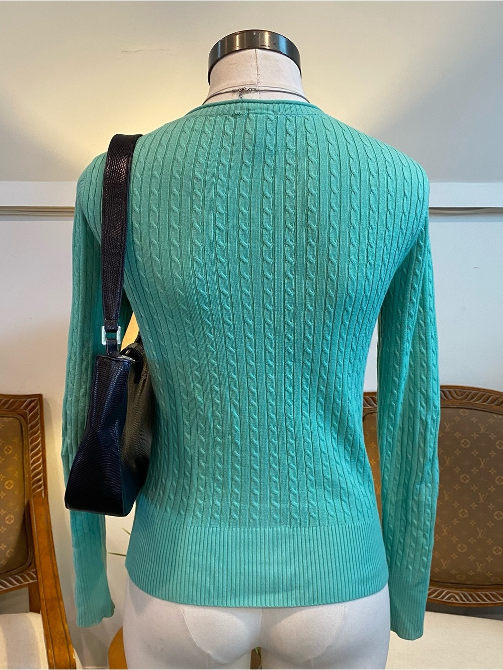 Vintage Gap Mint Green Cotton V-Neck Cable Knit Sweater, Women's Medium, Y2K - Picture 2 of 4